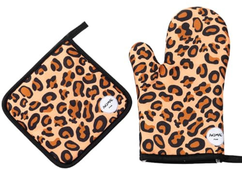 Guanti da cucina dal design zebrato | Guanti resistenti al calore per forno, barbecue, microonde, fornelli e piatti caldi | Impugnature antiscivolo e antiscottatura. (Leopardo)