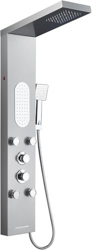 LLFFSSDG Columna de Ducha con Torre LED 5 Modos (Lluvia/Cascada/Masaje), Panel con Pantalla LCD Táctil Grifo y Cabezal de Mano Acero Inoxidable Negro