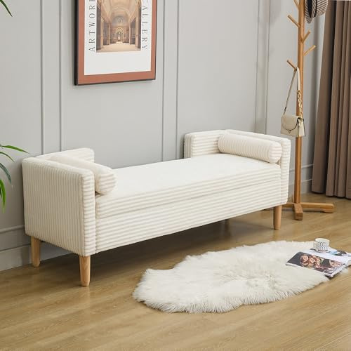 DERCASS Corduroy Storage Soft Bench with Armrests, 65.35 W Ottoman with Backrest and 2 Bolster Pillows for Living Room, Entryway and Bedroom (Ivory)