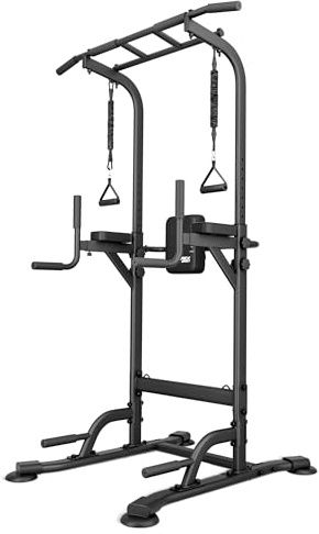 TREX SPORT Power Tower TX-150PR | Klimmzugstange und Dip Station freistehend aus Stahl | Multifunktionaler Kraftturm mit Expandern | Fitness Kraftstation bis 150 kg in Schwarz