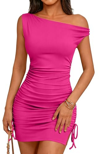 OWIN Off The Shoulder Dresses for Women Ruched Bodycon Short Dress Sexy Going Out Party Club Dress Hot Pink,XL
