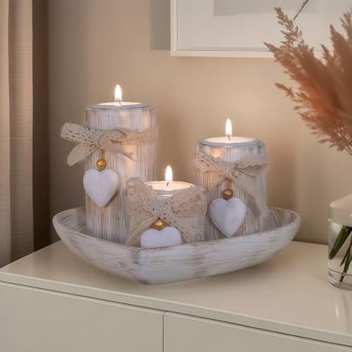 Candle Holders,3 PCS Wooden Candlestick Holders Set with Heart-Shaped Tray,Tealight Candle Holder for Christmas Table Decoration & Centrepiece,Gift for Mum Birthday,Romantic Wedding Party Ornaments