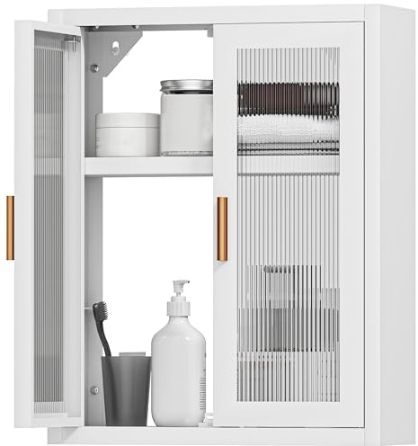 HOMCOM Armoire Murale de Salle de Bain métale, 40 x 14 x 50 cm, Meuble de Rangement Suspendu avec 2 Portes cannelées en Acrylique et étagère réglable, Métal, Blanc