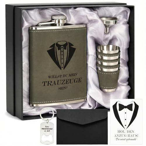 Personalisiertes Flachmann Geschenkset 8oz mit Gravur – Edelstahl Flachmann, 4 Becher, Trichter & Geschenkbox für Trauzeugen, Hochzeitsgeschenk für Männer & Frauen