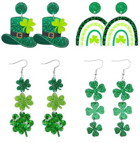 Uwiyo Boucles d'oreilles pendantes pour la Saint-Patrick, trèfle vert irlandais, boucles d'oreilles pendantes trèfle porte-bonheur vert irlandais, boucles d'oreilles pendantes pour la Saint-Patrick