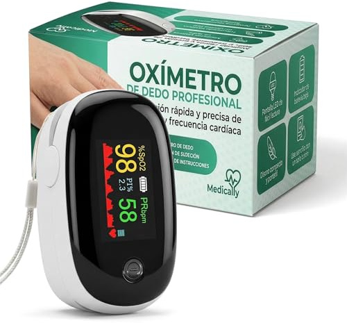 Medicaly - Oximetro Dedo Profesional con Pantalla OLED - Pulxiosimetro Medidor de Saturacion de Oxigeno en Sangre y Frecuencia Cardiaca - Ligero y Portatil.