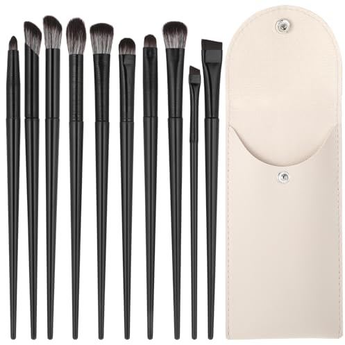 Juego de 10 pinceles para sombra de ojos, juego de brochas de maquillaje, pinceles para sombra de ojos, adecuado para aplicar sombra de ojos, base, iluminador y colorete, con bolsa de maquillaje