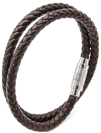 Men's Genuine Braided Leather Wrap Bracelet – 21cm Wristband with Stainless Steel Magnetic Clasp – Hypoallergenic, Waterproof & Scratch-Resistant Jewellery – Includes Canvas Gift Bag (Brown)