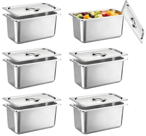 CISSIYOG Juego de 6 Cubetas GN 1/3 de Acero Inoxidable con Tapa | Recipientes Gastronorm Apilables de 33x18x15cm, Bandejas de Acero Inoxidable para Cocina, Buffet y Catering