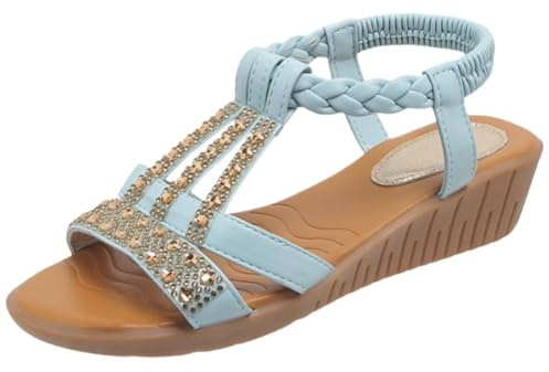 Dam sommar boho T-rem sandaler – öppen tå låg kil dra på sandal med elastisk ankelrem glittrande strass bohemiska sandaler gummisula halkfria skor eleganta skor för bal fest, Ljusblått, 38 EU