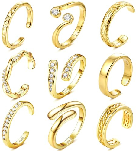 ORAZIO 9Pcs Gold/Silver Toe Rings for Women Adjustable Open Toe Ring Set | Non Tarnish CZ Inlaid Toe Rings Stack Hypoallergenic Thumb Ring Summer Beach Foot Gold Silver Jewelry for Women