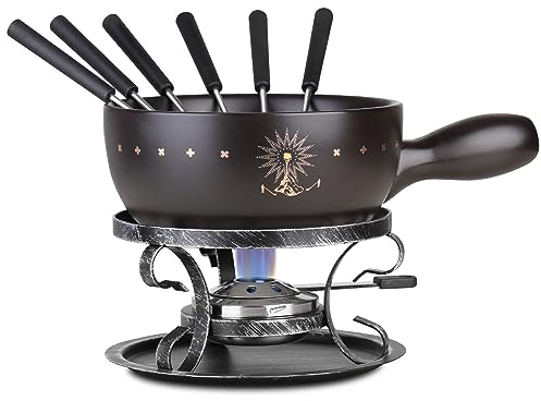 Artestia 2.11-Quart Swiss Design Ceramic Fondue Pot Set for Cheese, Chocolate Melting Pot with 6 Fondue Forks and Swiss Vintage Pattern, Perfect for 6 People, 10 Piece (AR-83007)