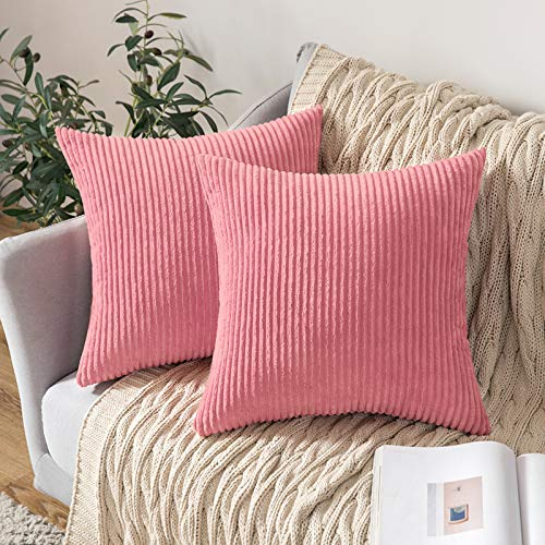 MIULEE Set of 2 Striped Corduroy Square Throw Pillow Case Soft Cushion Covers Sham Home for Sofa Couch/Bedroom Decorative Fluffy Large Pillowcases 18x18 Inch 45x45cm Sakura