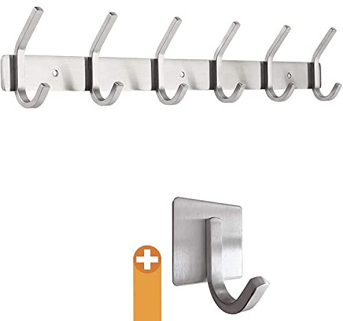 smartpeas Kleiderhaken Garderobenleiste - Rostfreier Gebürsteter Edelstahl - Chrome Matt Kleiderhaken Wand - 6 Feste Haken Halten Bis 30Kg - Plus: 1 Selbstklebender Haken