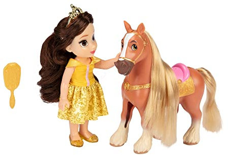 Disney Princess Belle Doll and Phillipe Petite Gift Set, 6” / 15cm Tall Belle in Iconic Yellow Dress, Hair Brush Included for Added Play, Ideal For Ages 3+