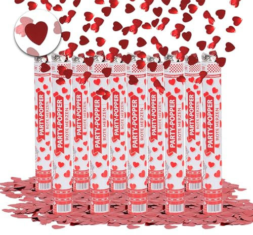 Party Factory Set de 10 Party Poppers, 40 cm, confettis Coeurs Rouges, jusqu'à 8 m de Hauteur d'effet, Pluie de confettis pour Mariage, Saint-Valentin ou Anniversaire