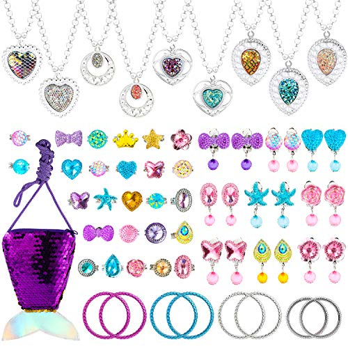 WATINC 62 Pcs Princesse Dress Up Accessoires Set Bijoux Petite Fille Enfants Jolie Princesse Sirène pour Déguisement avec Sac à Main Bague Bracelet Collier Boucle d'oreille pour Cosplay Party Favors
