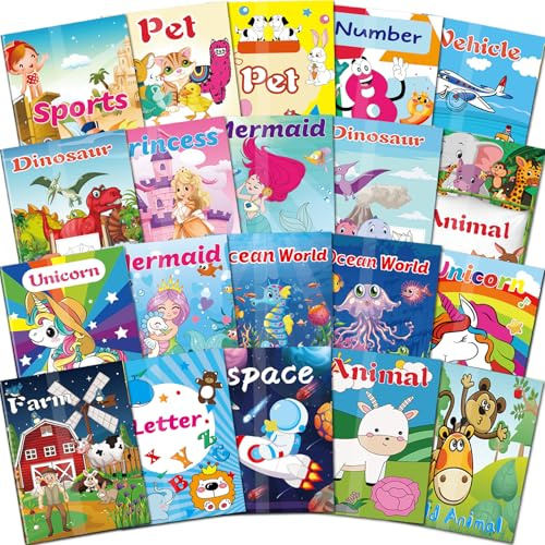 Kalysky 20 Livres de Coloriage pour Enfants, Mini Livres de Coloriage pour Fillers de Sacs de Fête, Pack de Coloriages pour Enfants de 2 à 8 ans, Thèmes-Animaux, Sirènes, Dinosaures, Espace et Océan