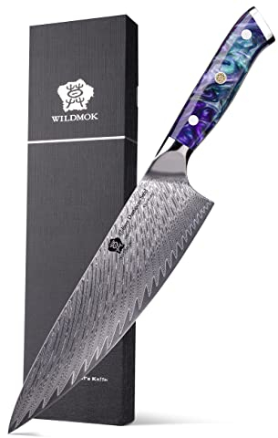 WILDMOK Coltello da Chef 20 cm, Super Acciaio 67 Strati Damasco Rasoio Affilato, Blu e Verde Mix Manico in Resina Full Tang