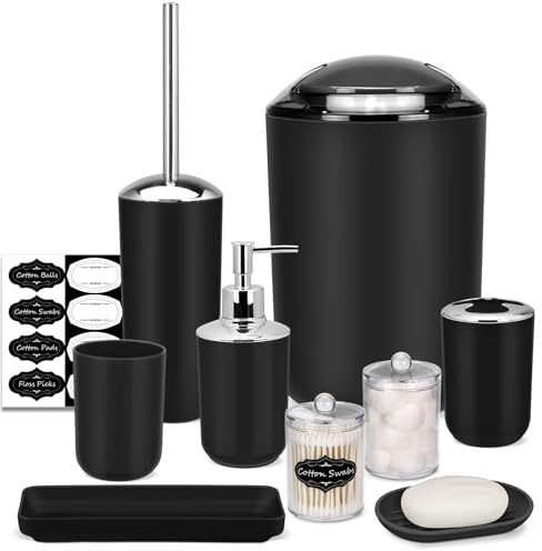 IMAVO Bathroom Accessory Set - 8 Pcs Black Bathroom Accessories Kit with Trash Can, Soap Dispenser, Soap Dish, Toothbrush Holder, Toothbrush Cup, Toilet Brush Holder, Qtip Dispenser