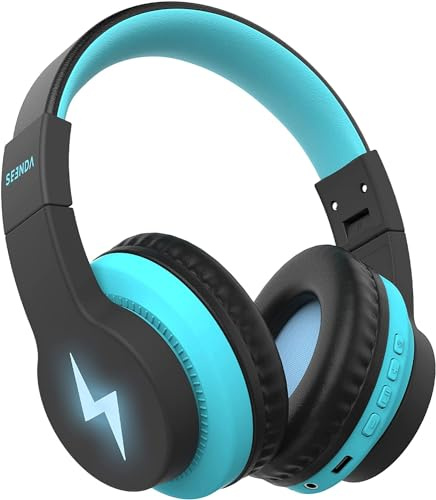 Seenda Kids Bluetooth Headphones, 3 Cool LED Lights Modes Kids Foldable Headphones Over Ear with 85dB/94dB Volume Limited Wireless/Wired Headset for PC TV Tablet School Airplane, Black and Blue