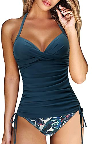 Yutdeng Tankinis Mujer Traje de Baño 2 Piezas Bañador Reductor Vientre Plano Bikini Push Up con Aros con Tanga Tankini Cuello V Correas Laterales Bañadores Deportivos Mujer Natacion,Azul Flor,XL