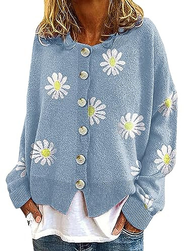 WVONIF Daisy Cardigans Cropped O-Neck Top Printing Long Pull Femme Manteau Manches Cardigan Femme Plaid Polaire Pull (Blue-D, XXL)