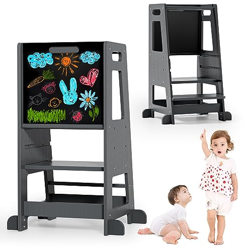 Aomdom Montessori Lernturm für Kinder - Höhenverstellbar, Küchenhilfe, Schemel, Stehalter - Kindermöbel für Mehr Sicherheit bei Kindererziehung - Grau