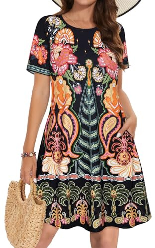 elescat Sun Dress Cotton Loose Fit Short Sleeve Sundress Women Fashion Swing Tunic Dress (Yellow Flower,L)
