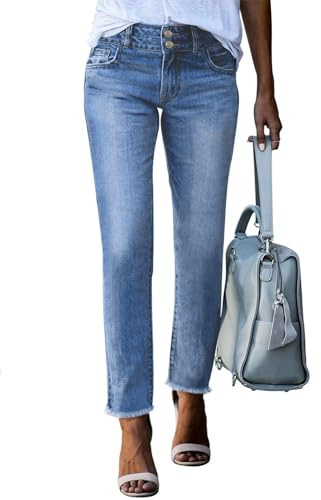 Sidefeel Women's Boyfriend Jeans High Waisted Strechy Straight Legs Denim Pants with Pockets Size 14 Mist Blue
