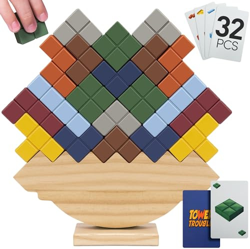 Tower Stack Game - 32PCS Wooden Balance Game with Building Blocks & Cards - Durable Tetra Tower Stacking for Kids & Adults - Fun 1+ Player Balance Stacking Games.