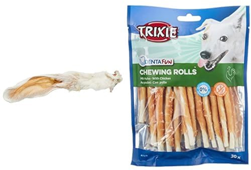 Trixie 27126 Kaninchenohren mit Fell, 500 g & glutenfreie Hühnchen Kaurolle Denta Fun Chicken Chewing Rolls, 12 cm, 30 St./240 g - 31378