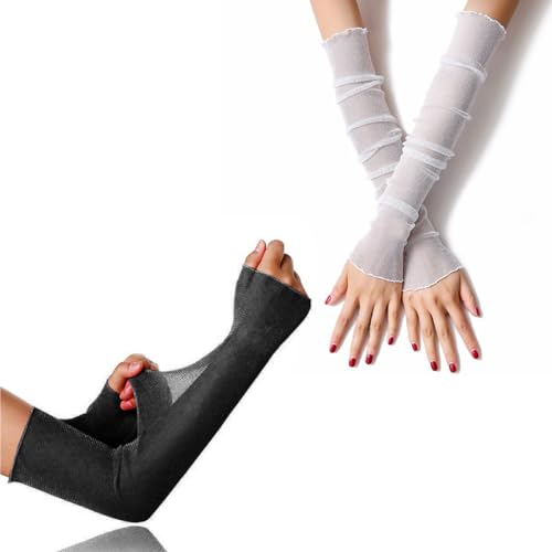 Armstulpen Damen Kühlung Arm Ärmel Lange - 2 Paar Ultradünne Fingerlose Ellbogen Sommerhandschuhe Sonnenschutz UV Schutz Kühles Netz Tül Fingerlose Armstulpen Perfekt Party Outdoor Sportaktivitäten