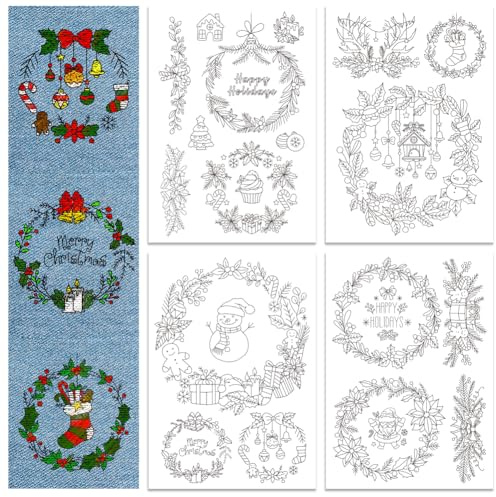 GLOBLELAND 4 Sheets Christmas Wreath Stick and Stitch Water Soluble Stabilizer Hand Embroidery for DIY Sewing Embroidery Adhesive Hand Sewing Stabilizers Non-Woven Fabrics 11.7x8.3inch