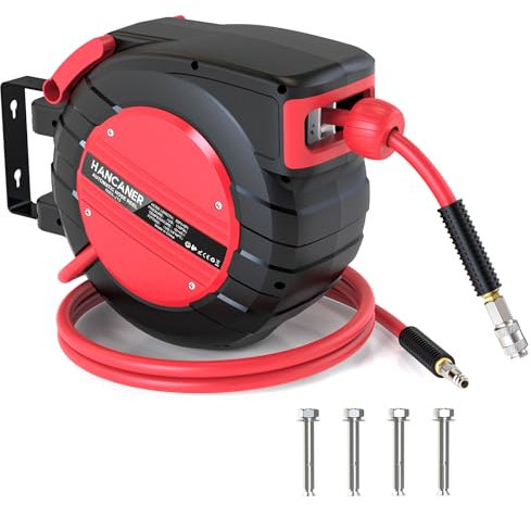 Hancaner Carrete de Manguera Neumática,350 PSI 15m Enrollador de Manguera Aire Comprimido,Retráctil,Manguera Híbrida 3/8,Soporte Giratorio de 180°,Conector BSP de 1/4,Montaje en Pared Techo