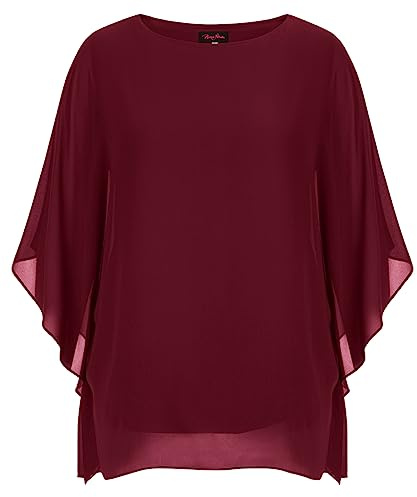 Hanna Nikole Blusa de gasa para mujer, tallas grandes, elegante, de murciélago, camisa de doble capa, suelta, larga, Rojo vino., 58 Grande