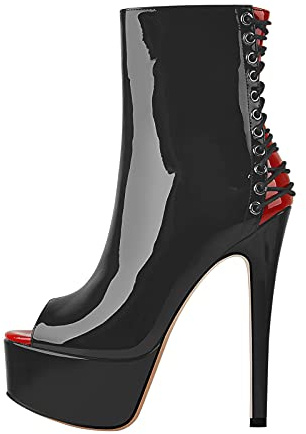 richealnini Women's Platform Ankle Boots with Side Zipper Sexy Open Peep Toe Stiletto High Heel Biker Motorcycle Punk Boots Back Crisscross Straps Red and Black Size 8