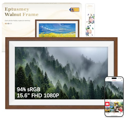 Frameo Cadre Photo Numérique 15.6 Pouces 94% sRGB Grand Format WiFi Noyer Bois, Mémoire 32Go écran Tactile IPS 1920 * 1080 FHD, Partage de Photos Vidéos Via Frameo APP/USB/SD, Cadeau Femme Homme