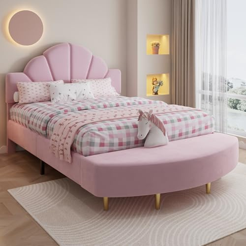 NuvlaGu Letto imbottito 140 x 200 cm, colore rosa, in velluto con testiera morbida, panca abbinata, bordi anti-collisione e robusta struttura per letto per camera da letto e camera dei ragazzi (rosa