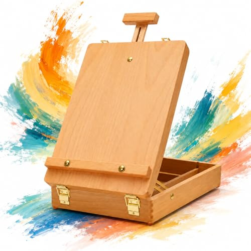 Chevalet Peinture – Chevalet de Table en Bois de Hêtre avec Boîte de Rangement – Hauteur Réglable jusqu’à 54 cm – Mallette Portable pour Enfants, Débutants et Artistes