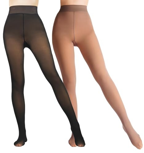 Caprilite 2 Pairs Women Fleece Lined Tights-Fake Translucent Leggings High Waist Pantyhose Sheer Thick Warm Tights For Women