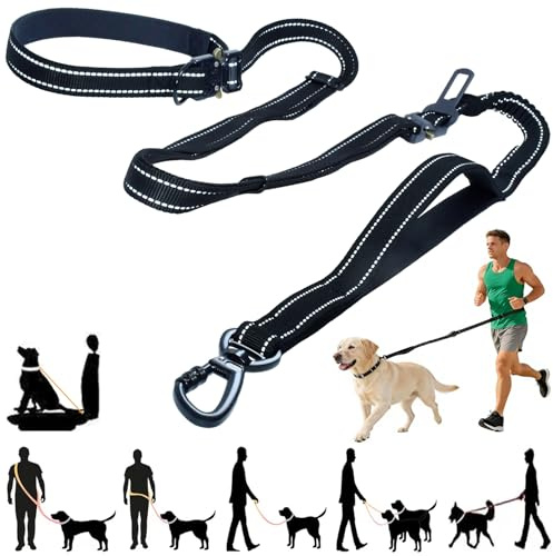 Tiesenci Handsfree Ryckfri Bungee Hundkoppel 2.9m Svart Stora Hundar | Justerbar midja/crossbody, avtagbart bilbälte, reflekterande remsa