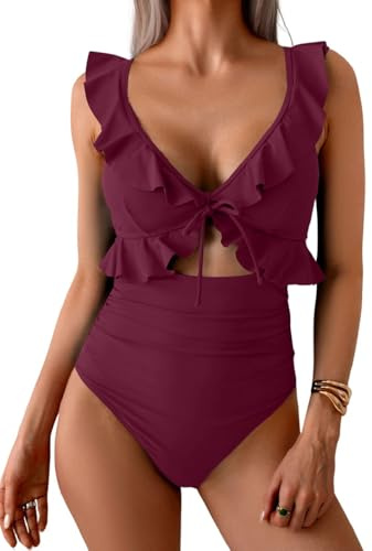 Yutdeng Bañador Mujer Reductor Barriga Traje de Baño Una Pieza con Volantes Vientre Plano Bañador Push Up con Relleno Ropa de Baño Mujer Bañadores Reductores Tallas Grandes Swimsuit Women,Rojo Vino,L