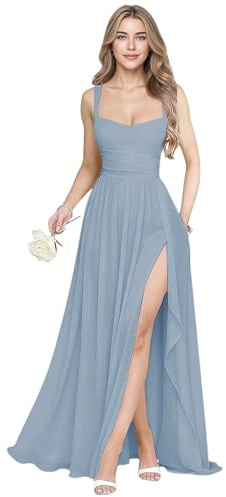 GATMAHE Plus Size Bridesmaid Dresses for Women Spaghetti Straps Chiffon Ruched Empire A Line Wedding Guest Gown with Slit Dusty Blue US26W