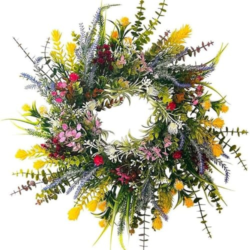 Corona de Puerta de Primavera, Corona de Puerta Delantera de 18.0 in con Lavanda y Margarita, decoración Floral de Pascua para Pared de Porche, Chimenea, decoración de Entrada Interior y Exterior