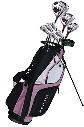 Aspire - El Completo Equipo De Palos De Golf para Diestros XD1 para Mujer Incluye Driver De Titanio, Fairway SS, Híbrido SS, Hierros SS 6 PW, Putter, Soporte para Bolsa, H/C 3 Rosa Cereza.