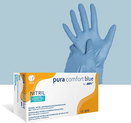 AMPRI Nitrilhandschuhe, blau, 100 Stück/Box, Größe L, puderfrei, Puracomfort blue: Nitril Einmalhandschuhe, Einweghandschuhe in den Größen XS, S, M, L, XL, XXL
