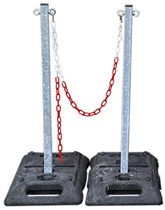 UvV Profi X40 Kettenpfosten Stahl 40 kg Set 2 x 1m x 40/40 Stahlpfosten + 15 kg schwere Fußplatte + 5m Absperrkette (Set A 2 Pfosten verzinkt)