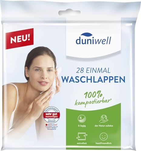 Duniwell Einmal Waschlappen, 28 Stück, 20 x 20cm, 6-lagig, extrafest, 100% kompostierbar
