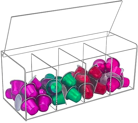 TAIANJI Grand support de dosettes de café, distributeur de capsules en acrylique transparent avec compartiment, boîte de rangement en plastique avec couvercle pour toutes les dosettes de café,